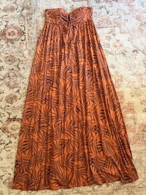 Strapless Orange Leaf-Print Maxi Dress